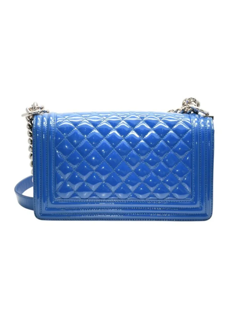 Chanel Boy Chain Shoulder Bag Patent Leather CC Logo Silver